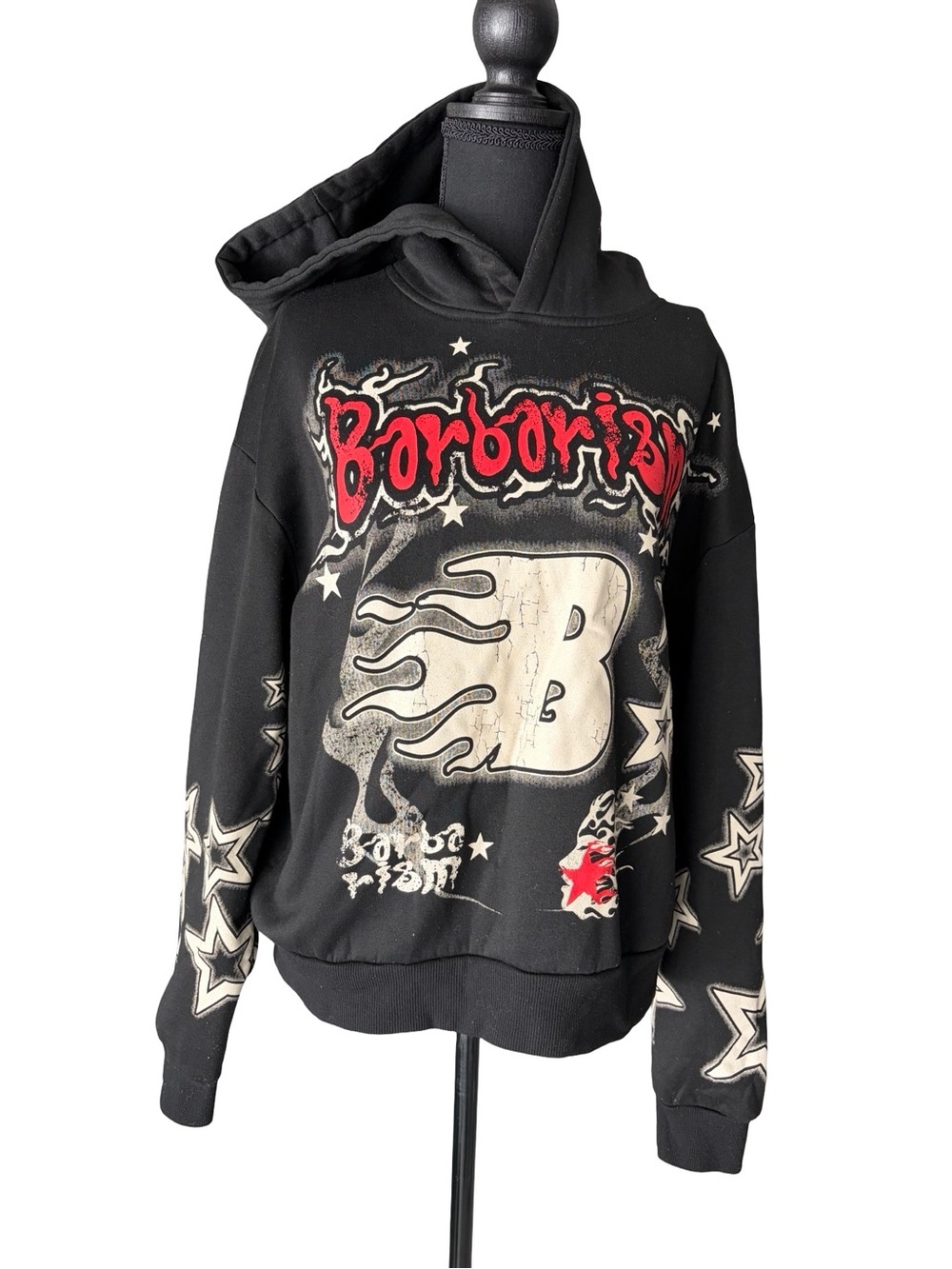 ROMWE Black Graphic Pullover Hoodie with Red Script Logo